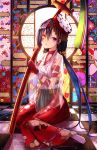  1girl alphatitus bangs bell commentary_request fate/grand_order fate_(series) hair_bell hair_ornament heterochromia highres japanese_clothes katana looking_at_viewer low_twintails mochizuki_chiyome_(fate/grand_order) multicolored multicolored_background sitting solo sword twintails weapon 