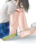  1girl badminton_racket barefoot brown_hair from_side green_eyes hanebado! hanesaki_ayano highres knees_to_chest legs looking_at_viewer looking_to_the_side myu5uke pleated_skirt racket school_uniform simple_background sitting sitting_on_ground skirt solo sweatband thighs white_background 