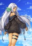  1girl azur_lane bangs black_shorts blue_sky blurry blurry_background blush breasts brown_jacket closed_mouth clouds cloudy_sky commentary_request dark_skin day depth_of_field eyebrows_visible_through_hair facial_mark forehead_mark jacket long_hair long_sleeves looking_at_viewer looking_back massachusetts_(azur_lane) medium_breasts native_american off_shoulder outdoors parted_bangs pensuke puffy_long_sleeves puffy_sleeves red_eyes short_shorts shorts silver_hair sky sleeves_past_wrists solo standing very_long_hair 