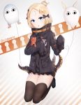  1girl abigail_williams_(fate/grand_order) absurdres animal_print bangs black_bow black_jacket black_legwear blonde_hair blue_eyes blush bow commentary_request crossed_bandaids diagonal_stripes ds_a fate/grand_order fate_(series) hair_bow hair_bun hands_up head_tilt highres jacket key keyhole long_hair long_sleeves looking_at_viewer medjed no_shoes object_hug orange_bow parted_bangs parted_lips polka_dot polka_dot_bow sleeves_past_fingers sleeves_past_wrists solo striped stuffed_animal stuffed_toy suction_cups teddy_bear tentacle thigh-highs tiger_print twitter_username 