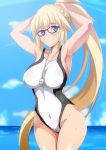  1girl armpits arms_behind_head arms_up bangs bare_shoulders black-framed_eyewear blonde_hair blue_eyes blue_sky blush breasts collarbone covered_navel fate/grand_order fate_(series) glasses hair_between_eyes hera_(hara0742) highres hips jeanne_d&#039;arc_(fate)_(all) jeanne_d&#039;arc_(swimsuit_archer) large_breasts long_hair looking_at_viewer ocean ponytail sky smile solo swimsuit thighs two-tone_swimsuit very_long_hair waist whistle white_swimsuit 