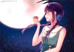 1991_(blz) 1girl bamboo blue_blood_lagoon commentary dress hair_ornament highres looking_to_the_side mid-autumn_festival moon mooncake moonlight official_art original purple_hair ribbon shirt smile solo solo_focus twin_braids twintails white_shirt
