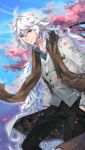  1boy blue_sky cherry_blossoms day fate/grand_order fate_(series) hands_in_pockets highres long_hair looking_at_viewer male_focus merlin_(fate) petals scarf sky smile solo suit_jacket tuanzi_miao violet_eyes white_hair 