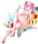 1girl alternate_costume bikini breasts cleavage covered_nipples cup drinking_glass drinking_straw fire_emblem fire_emblem:_rekka_no_ken flower full_body hair_flower hair_ornament high_heels knee_up long_hair medium_breasts nail_polish navel pink_hair plant red_nails serra smile solo swimsuit twintails umehime violet_eyes 