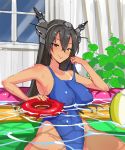  1girl ball beachball black_hair blue_swimsuit competition_swimsuit cowboy_shot enemy_lifebuoy_(kantai_collection) erect_nipples headgear highleg highleg_swimsuit impossible_clothes impossible_swimsuit kantai_collection long_hair nagato_(kantai_collection) one-piece_swimsuit plant red_eyes shiromeshi_(puff) sitting solo swimsuit tan tanline vines wading_pool water window 