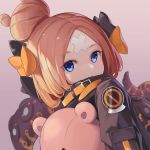  1girl abigail_williams_(fate/grand_order) bangs black_bow black_jacket blonde_hair blue_eyes bow brown_background closed_mouth commentary crossed_bandaids dutch_angle eyebrows_visible_through_hair fate/grand_order fate_(series) hair_bow hair_bun highres jacket loading_(vkjim0610) long_hair long_sleeves looking_at_viewer object_hug orange_bow parted_bangs polka_dot polka_dot_bow simple_background solo stuffed_animal stuffed_toy suction_cups teddy_bear tentacle 