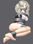  1girl arms_behind_back barefoot bdsm blue_eyes bondage bound bound_arms duct_tape feet gag gbeeee improvised_gag long_hair looking_at_viewer persona persona_5 shuujin_academy_uniform solo sweat takamaki_anne tape tape_bondage tape_gag twintails 