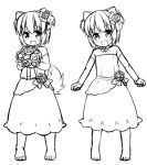  1girl :d animal_ears bangs bare_shoulders barefoot blush bouquet commentary_request detached_sleeves dog_ears dress eyebrows_visible_through_hair fang flower greyscale hair_flower hair_ornament head_tilt holding holding_bouquet inuarashi long_sleeves looking_at_viewer monochrome multiple_views open_mouth original rose short_hair simple_background smile standing strapless strapless_dress white_background 