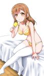  1girl bangs blush bow bra breasts brown_hair cleavage collarbone commentary_request food hair_bow hair_ornament highres holding kunikida_hanamaru long_hair looking_at_viewer love_live! love_live!_sunshine!! medium_breasts midriff no_shoes on_bed plaid plaid_bra popsicle sitting sitting_on_bed smile solo star star_hair_ornament summer thigh-highs underwear underwear_only white_background white_legwear yellow_bra yellow_eyes yopparai_oni 
