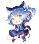  1boy :d animal_ears artist_name bangs blue_dress blue_hair bow cat_ears cat_tail chibi commission dress frilled_dress frills fur_trim green_eyes hair_bow hair_ornament holding holding_microphone jumping long_sleeves looking_at_viewer microphone open_mouth ryoune_yami short_hair smile socks tail tonowa trap utau 