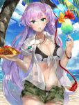  1girl :o alternate_costume bangle beach bikini blue_eyes blue_sky bracelet breasts camouflage camouflage_shorts clouds day drink flower food fruit glint highres holding holding_plate hyuna_(sennen_sensou_aigis) jewelry lavender_hair long_hair looking_at_viewer medium_breasts navel necklace ocean orange orange_slice outdoors palm_tree panda_inu pineapple_slice plate red_ribbon ribbon sennen_sensou_aigis shirt shorts sky solo standing swimsuit tree unbuttoned very_long_hair water white_shirt 