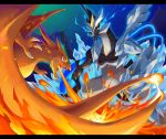  artist_name black_kyurem charizard claws creatures_(company) dragon fangs fire game_freak gen_1_pokemon gen_5_pokemon glowing graphite_(medium) ice kyurem mechanical_pencil mega_charizard_y nintendo no_humans pencil pokemon pokemon_(creature) tomycase traditional_media 