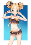  1girl abigail_williams_(fate/grand_order) absurdres bangs bare_arms bare_shoulders bikini black_bikini black_bow blonde_hair blue_eyes blush bow closed_mouth collarbone commentary_request double_bun emerald_float eyebrows_visible_through_hair fate/grand_order fate_(series) forehead groin hair_bow hands_up highres long_hair navel nekosama_shugyouchuu orange_bow parted_bangs side_bun sidelocks smile solo strapless strapless_bikini swimsuit 