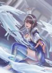  1girl absurdres ass blue_legwear breasts brown_eyes brown_hair chai_xianghua chinese_clothes cleavage dress elbow_gloves gloves headband highres holding holding_sword holding_weapon looking_at_viewer murasaki-sin open_mouth short_hair smile solo soul_calibur soulcalibur_vi sword thigh-highs weapon 
