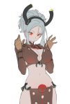  1girl breasts commentary cowboy_shot ears_visible_through_hair grey_hair hands_up highres looking_at_viewer navel original red_eyes short_hair simple_background solo stomach tim_loechner white_background 