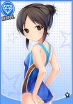  1girl :o adjusting_clothes adjusting_swimsuit ass bangs bare_arms bare_shoulders blue_swimsuit blush breasts brown_eyes brown_hair card_(medium) card_parody cinderella_girls_card_parody commentary_request competition_swimsuit diamond_(symbol) eyebrows_visible_through_hair forehead hair_bun idolmaster idolmaster_cinderella_girls looking_at_viewer looking_to_the_side nannacy7 one-piece_swimsuit parted_bangs parted_lips polka_dot polka_dot_background small_breasts solo star swimsuit tachibana_arisu 