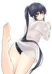  1girl ass black_hair black_panties blush hair_between_eyes ichinomiya_(blantte) kantai_collection leg_up long_hair long_sleeves looking_at_viewer looking_back lying on_stomach panties ponytail purple_scrunchie red_yes scrunchie see-through shirt simple_background solo underwear very_long_hair white_background white_shirt work_in_progress yahagi_(kantai_collection) 