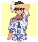  1boy black_hair blue_eyes bottle cropped_torso fate/grand_order fate_(series) fujimaru_ritsuka_(male) hawaiian_shirt male_focus shirt simple_background solo sunglasses tan tanline tropical_summer water_bottle yellow_background 