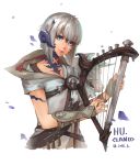  1girl arm_guards au_ra bard_(final_fantasy) blue_eyes dated dragon_horns final_fantasy final_fantasy_xiv fingerless_gloves gloves harp horns instrument lips looking_at_viewer petals scales short_hair signature silver_hair smile solo tuanzi_miao upper_body white_background 