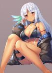  1girl arm_strap arm_support ass azur_lane baggy_clothes bangs bare_shoulders bikini_top black_jacket blush breasts choker cleavage dark_skin eyebrows_visible_through_hair feathers hair_feathers hand_in_hair jacket large_breasts long_hair long_sleeves looking_at_viewer massachusetts_(azur_lane) multicolored_hair native_american navel off_shoulder open_clothes open_jacket open_mouth pensuke purple_background sidelocks silver_hair simple_background sitting skindentation solo swimsuit swimsuit_under_clothes tan thigh_strap thighs unzipped 