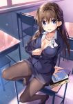  1girl :d arm_support blue_eyes blue_footwear blue_jacket blue_skirt boku_no_kanojo_sensei breasts brown_hair brown_legwear classroom cleavage collarbone earrings eyebrows_visible_through_hair hair_between_eyes highres indoors jacket jewelry large_breasts long_hair looking_at_viewer miniskirt open_mouth oryou pantyhose pencil_skirt pumps shirt sitting skirt smile solo very_long_hair white_shirt 