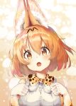  1girl :o absurdres animal_ear_fluff animal_ears animal_ears_(artist) blonde_hair blush bow bowtie elbow_gloves eyebrows_visible_through_hair eyelashes fang gloves hair_between_eyes hands_up highres kemono_friends korean_commentary looking_at_viewer multicolored multicolored_clothes multicolored_gloves multicolored_neckwear print_gloves print_neckwear serval_(kemono_friends) serval_ears serval_print shirt short_hair sleeveless sleeveless_shirt solo upper_body white_gloves white_neckwear yellow_eyes yellow_gloves yellow_neckwear 