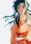  1girl blush elincia_ridell_crimea fire_emblem fire_emblem:_akatsuki_no_megami fire_emblem:_souen_no_kiseki fire_emblem_heroes floral_print flower green_hair grey_background hair_flower hair_ornament highres japanese_clothes kimono long_hair nekolook obi open_mouth orange_kimono sash simple_background solo wide_sleeves yellow_eyes yukata 