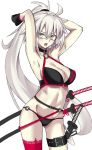  1girl absurdres ahoge alternate_hairstyle arms_up bespectacled bikini black_bikini blush bow breasts choker cleavage collarbone commentary_request cowboy_shot eyebrows_visible_through_hair fate/grand_order fate_(series) glasses hair_between_eyes hair_bow high_ponytail highres jacket jeanne_d&#039;arc_(alter)_(fate) jeanne_d&#039;arc_(alter_swimsuit_berserker) jeanne_d&#039;arc_(fate)_(all) katana large_breasts long_hair long_ponytail looking_at_viewer o-ring open_mouth ponytail red_legwear sheath sheathed simple_background solo swimsuit sword thigh_strap thighs very_long_hair weapon yellow_eyes yuchio 