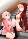  2girls blush breasts cleavage hair_flaps hair_ornament hair_ribbon hairclip harusame_(kantai_collection) highres hood hoodie kantai_collection long_hair multiple_girls naked_sweater noyomidx pink_hair ponytail remodel_(kantai_collection) ribbon stairs sweater very_long_hair yuudachi_(kantai_collection) 