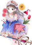  1girl atelier_(series) atelier_totori bangs bare_shoulders blue_jacket blush brown_eyes brown_hair collarbone commentary_request dress erlenmeyer_flask eyebrows_visible_through_hair flower highres holding holding_wand jacket long_hair long_sleeves looking_at_viewer off_shoulder outstretched_arms parted_lips red_flower shii_(kairi-t-k0317) sleeveless sleeveless_dress smile solo standing totooria_helmold tulip vial wand white_dress wide_sleeves yellow_flower 