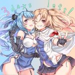  :d ahoge asymmetrical_docking azur_lane bangs bare_shoulders black_gloves blonde_hair blue_hair blush breast_press breasts capelet cleavage cleveland_(azur_lane) commentary countdown dress elbow_gloves eyebrows_visible_through_hair fingerless_gloves floating_hair garter_straps gloves hair_between_eyes hair_ornament hand_holding hand_up hat helena_(azur_lane) highres long_hair looking_at_viewer medium_breasts multiple_girls one_eye_closed one_side_up open_mouth parted_bangs parted_lips pleated_skirt red_eyes side_slit skirt small_breasts smile very_long_hair violet_eyes yukishiro_arute 