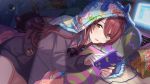  blanket blush brown_eyes brown_hair dress idolmaster idolmaster_shiny_colors long_hair osaki_tenka 