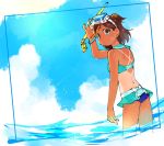  1girl aoba_misaki back bikini bikini_skirt blue blue_eyes blue_sky brown_eyes brown_hair commentary from_behind goggles goggles_on_head half_updo idolmaster idolmaster_million_live! looking_back midriff miridereningen ocean sailor_collar short_twintails sky snorkel solo standing summer swimsuit tan tanline twintails wading water water_drop wet 