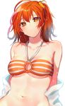  1girl ai_(blacktea_milk) bikini blush breasts brilliant_summer cleavage cowboy_shot eyebrows_visible_through_hair fate/grand_order fate_(series) fujimaru_ritsuka_(female) groin hair_between_eyes medium_breasts navel off_shoulder orange_eyes orange_hair short_hair side_ponytail strapless striped striped_bikini swimsuit tubetop wet white_background 