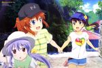 3girls :d absurdres artist_name black_hat blue_eyes blue_hat blue_shorts brown_hair collarbone day eyebrows_visible_through_hair floating_hair flower green_eyes hair_between_eyes hair_flower hair_ornament hair_ribbon hand_holding hand_on_headwear hat heart heart_print highres koshigaya_natsumi long_hair miyauchi_renge mizusaki_kenta multiple_girls nizato_aoi non_non_biyori open_mouth outdoors ponytail print_hat print_shirt purple_hair red_eyes ribbon shiny shiny_hair shirt short_shorts short_sleeves shorts side_ponytail smile striped striped_shirt wallpaper white_hat white_shirt yellow_flower yellow_ribbon yellow_shirt