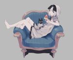  1girl animal armchair bangs barefoot black_ribbon cat chair commentary_request dress food frilled_dress frills full_body grey_background hair_ribbon holding looking_at_viewer neck_ribbon open_mouth original popsicle ribbon short_hair short_sleeves silver_hair simple_background sitting solo sweatdrop teeth urayamashiro_(artist) violet_eyes watermelon_bar whiskers 
