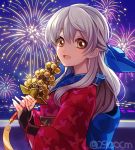  1girl 2900cm blush festival fire_emblem fire_emblem:_akatsuki_no_megami fire_emblem_heroes fireworks japanese_clothes kimono long_hair looking_at_viewer micaiah miko ribbon silver_hair simple_background smile solo staff yellow_eyes 