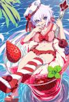  1girl absurdres ahoge bikini blueberry breasts commentary_request dessert eyebrows_visible_through_hair food frilled_bikini frills fruit hat highres ice_cream large_breasts long_hair looking_at_viewer low_twintails navel red_bikini senki_zesshou_symphogear shiny shiny_hair shiny_skin silver_hair single_thighhigh sitting solo spoon strawberry striped striped_legwear swimsuit thigh-highs tongue tongue_out twintails uganda violet_eyes water yukine_chris 