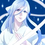  1girl bleach blue_eyes blue_hair bow eyelashes hair_bow head_tilt japanese_clothes kimono long_hair long_ribbon looking_at_viewer ribbon ronisuke sode_no_shirayuki solo sword weapon white_kimono 