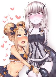  2girls abigail_williams_(fate/grand_order) absurdres bangs bare_shoulders bikini black_bikini black_bow blue_eyes blush bow closed_mouth collarbone commentary_request double_bun emerald_float eye_contact eyebrows_visible_through_hair fate/grand_order fate_(series) hair_bow heart heart-shaped_pupils highres horn lavinia_whateley_(fate/grand_order) light_brown_hair looking_at_another makano_mucchi multiple_girls navel open_mouth orange_bow pale_skin parted_bangs polka_dot polka_dot_bow saliva see-through side_bun sidelocks silver_hair suction_cups sweat swimsuit symbol-shaped_pupils tentacle trembling violet_eyes wavy_mouth white_background 