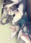  1girl asashimo_(kantai_collection) belt blush grey_eyes grey_hair highres japanese_clothes kantai_collection kimono long_hair long_sleeves looking_at_viewer lying open_clothes open_mouth panties solo umoo_futon underwear white_panties yukata 