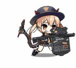  1girl 666 :3 :d ankle_boots badge belt black_footwear black_gloves black_jacket blonde_hair blue_skirt blush_stickers bomber_jacket boots breasts buttons closed_eyes collared_shirt cuffs demon_horns fangs fingerless_gloves full_body fur-trimmed_jacket fur_trim girls_frontline gloves gun hair_between_eyes handcuffs high_collar holding holding_gun holding_shield holding_weapon horns jacket kneehighs kneeling large_breasts laughing leaning_forward logo looking_at_viewer lowres mechanical_tail miniskirt official_art open_clothes open_jacket open_mouth orange_eyes orange_shirt pleated_skirt remington_870 remington_870_(girls_frontline) riot_shield saru sheriff sheriff_badge shield shirt shotgun shotgun_shells skirt skull_print sleeveless sleeveless_shirt smile solo standing sticker tail thighs twintails weapon 