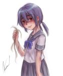  1girl aosora_(mizore) blue_bow bow holding holding_hair original purple_hair red_eyes school_uniform serafuku shaded_face smile solo twintails yandere 