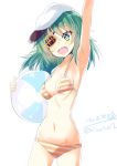  1girl ball beachball bikini blush breasts eyebrows_visible_through_hair eyepatch flat_cap green_eyes green_hair hair_between_eyes hand_up hat highres hizaka kantai_collection kiso_(kantai_collection) long_hair looking_at_viewer open_mouth sailor_hat simple_background small_breasts solo swimsuit twitter_username white_background 
