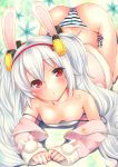  1girl all_fours animal_ears azur_lane bangs bare_shoulders blush breasts eyebrows_visible_through_hair eyes_visible_through_hair fake_animal_ears hair_between_eyes hairband head_tilt highres laffey_(azur_lane) long_hair long_sleeves looking_at_viewer marker_(medium) panties rabbit_ears red_eyes red_hairband side-tie_panties sleeves_past_wrists small_breasts solo strap_slip striped striped_panties traditional_media twintails underwear white_hair yoruoujito-tsukinohime 
