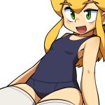  1girl :d bangs barefoot blonde_hair blue_swimsuit breasts eyebrows_visible_through_hair green_eyes hair_between_eyes lkll long_hair lowres one-piece_swimsuit open_mouth rockman rockman_(classic) roll school_swimsuit simple_background small_breasts smile solo swimsuit thigh-highs thighs uneven_eyes white_background white_legwear 