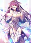  1girl bow closed_mouth cropped_legs dress fate/grand_order fate_(series) gem hair_bow holding holding_wand kinokohime long_hair looking_to_the_side purple_bow purple_hair red_eyes rune scathach_(fate)_(all) scathach_skadi_(fate/grand_order) smile solo standing standing_on_one_leg thigh-highs tiara wand white_dress white_legwear zettai_ryouiki 