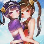  2girls ahoge azur_lane bangs bare_shoulders blue_sky blush breast_press breasts brown_hair china_dress chinese_clothes cleavage closed_mouth clouds confetti dress eyebrows_visible_through_hair hair_ornament hair_rings hairband hanato_(seonoaiko) hug jacket long_hair looking_at_viewer looking_back medium_breasts multiple_girls ning_hai_(azur_lane) ocean outdoors ping_hai_(azur_lane) purple_dress purple_hair red_dress red_eyes sky small_breasts sparkle star symmetrical_docking twintails very_long_hair violet_eyes water_drop 