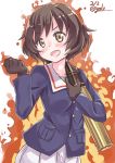  1girl :d akiyama_yukari bangs black_gloves blue_jacket brown_eyes brown_hair clenched_hand commentary dated fire gedoo_(gedo) girls_und_panzer gloves green_shirt highres holding jacket long_sleeves looking_to_the_side messy_hair military military_uniform ooarai_military_uniform open_mouth pleated_skirt shirt short_hair skirt smile solo standing tank_shell twitter_username uniform upper_body v-shaped_eyebrows white_skirt 