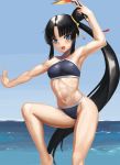  1girl :o abs arm_up armpits bangs bare_arms bare_legs bare_shoulders barefoot bikini black_bikini black_hair blue_eyes blue_sky blush breasts commentary_request fate/grand_order fate_(series) hair_bun hair_ornament highres holding horizon leg_up long_hair looking_at_viewer navel ocean open_mouth outdoors outstretched_arm outstretched_hand parted_bangs ranma_(kamenrideroz) shiny shiny_hair side_ponytail sidelocks sky small_breasts solo standing standing_on_one_leg swimsuit toned ushiwakamaru_(fate/grand_order) ushiwakamaru_(swimsuit_assassin)_(fate) v-shaped_eyebrows very_long_hair 